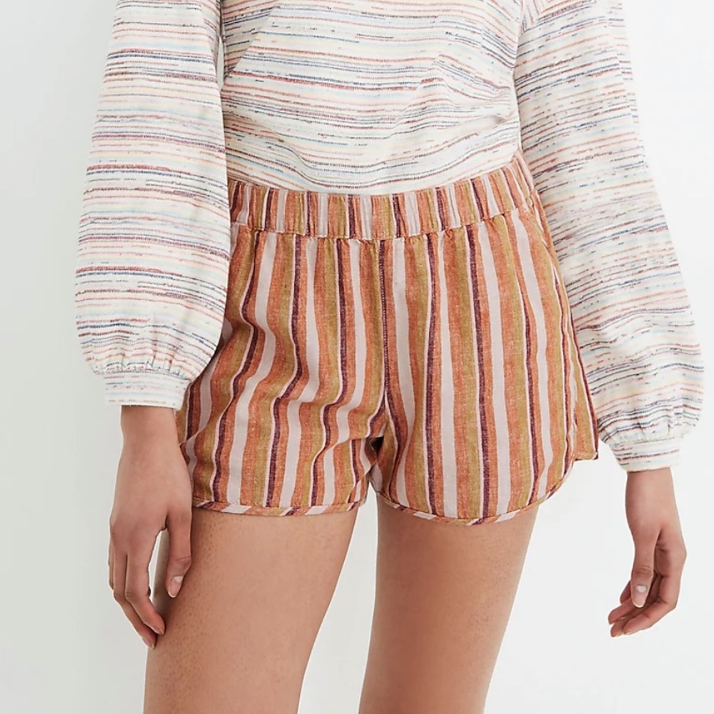 Madewell Linen-Cotton Pull-On Shorts in Rainbow Stripe Orange Brown Pink 2020-XS